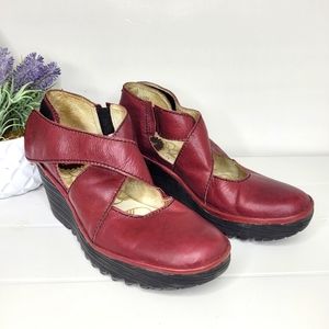 Fly London Yogo Criss Cross Platform Wedges Burgandy 39